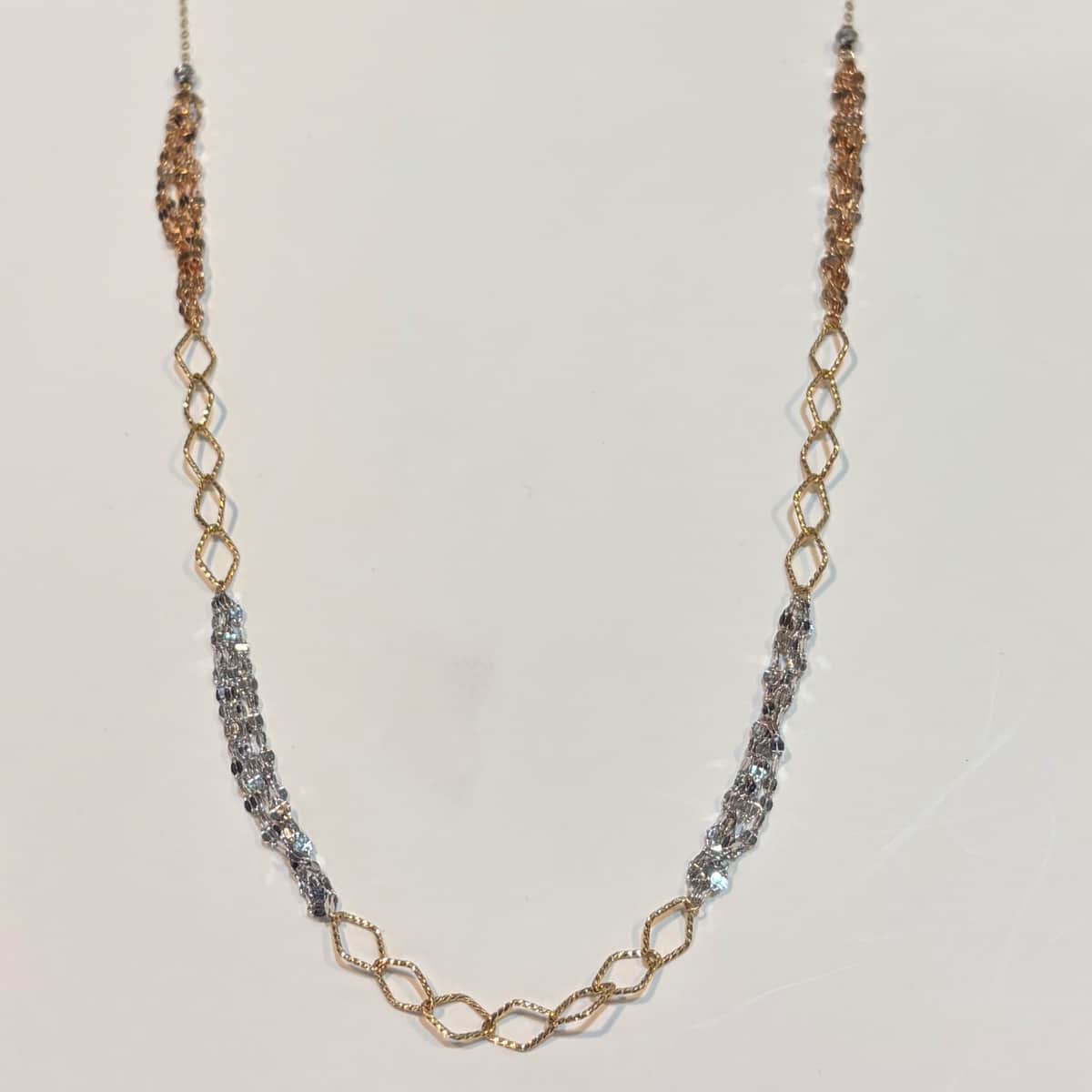 گردنبند طلا 18 عیار سه رنگ پولکی و لوزی وزن 3.180 گرم اجرت ساخت 15 درصد کد GD01 000007